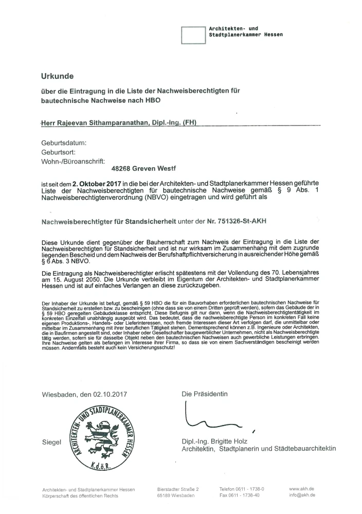 Urkunde Statik Architekten-und Stadtplanerkammer Hessen